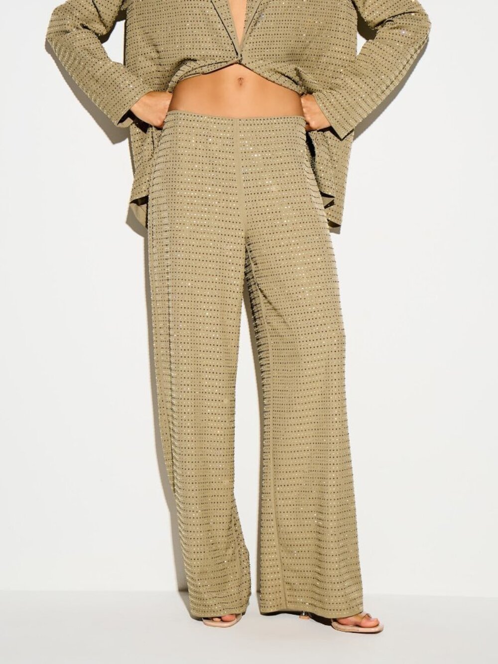 Army Green Casual Women's Sequin Wide Leg Suit Pants